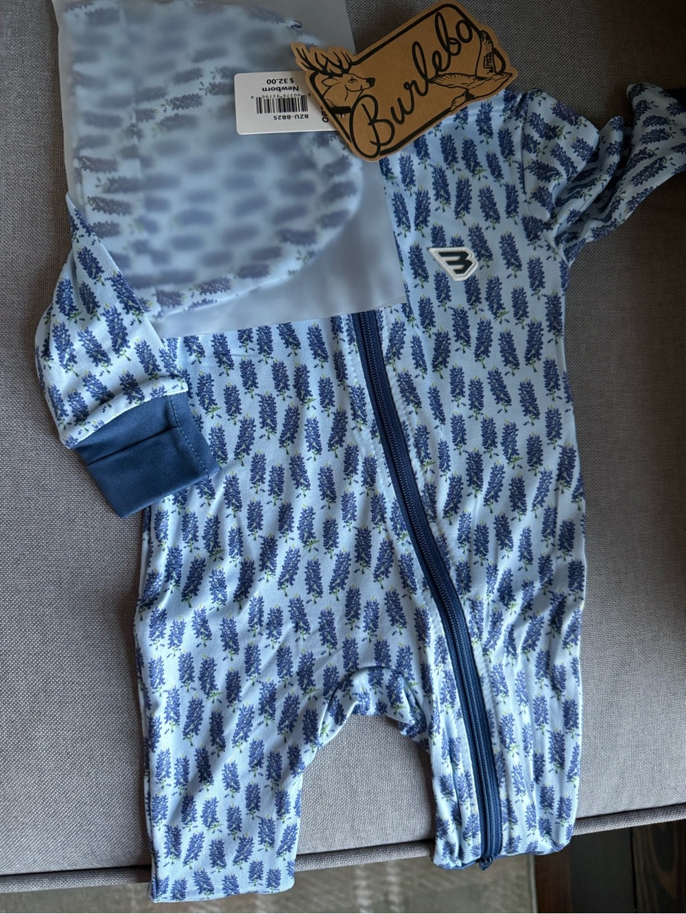 BURLEBO Light Blue and Navy Floral Zip Front Footie